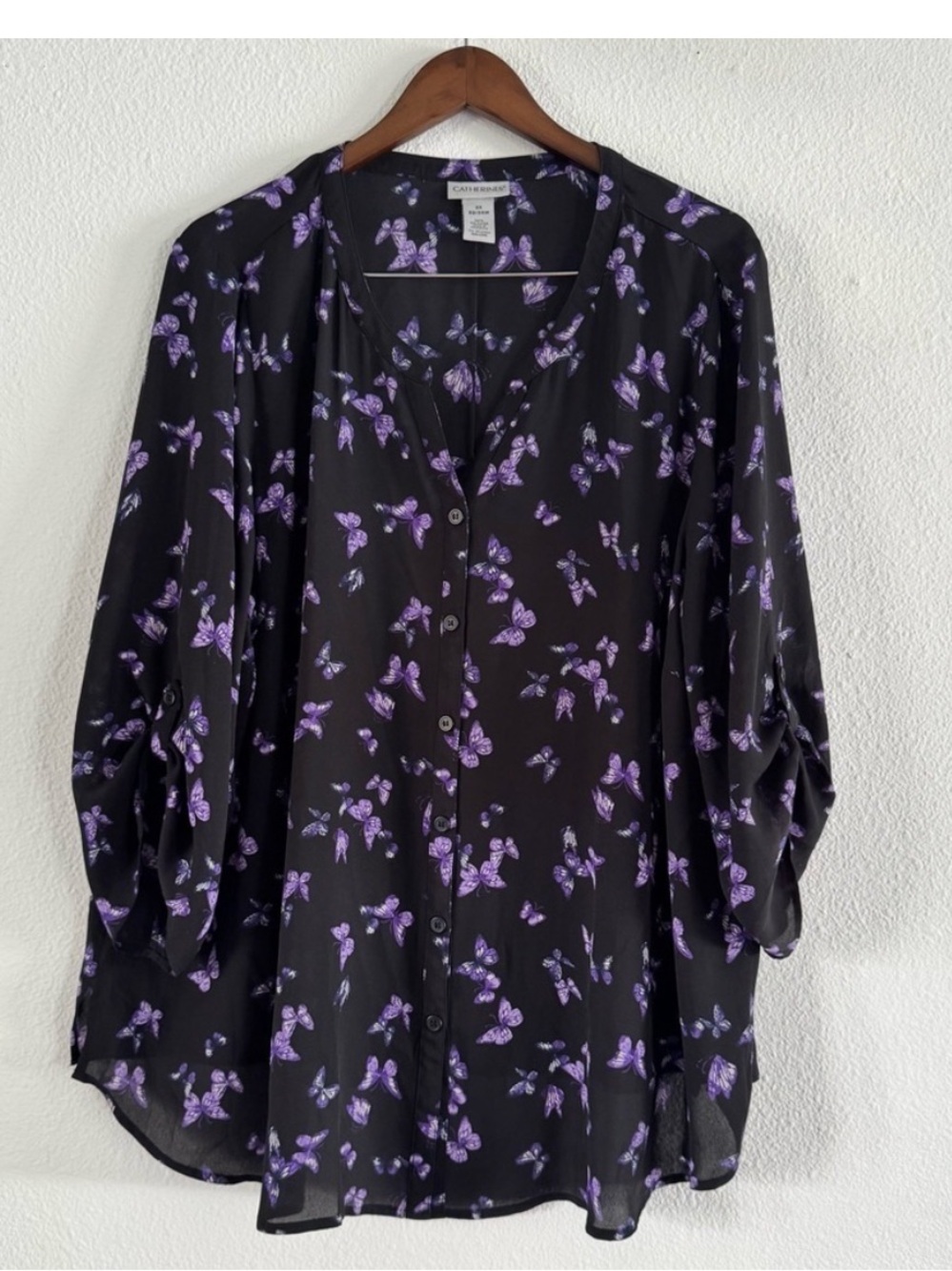 Catherines Black Purple Floral Butterfly Print Blouse 2X Whimsigoth Boho Career